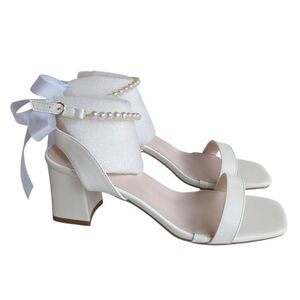 Elegant Bridal Block Heel Peep Toe Faux Pearl Ribbon Sandals EU 41 Ivory FLAW